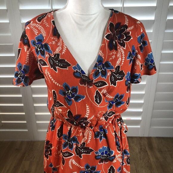 Crescent Surplice Mock Wrap Maxi Dress Small Flutter Sleeve Coral Floral Print - Picture 2 of 12